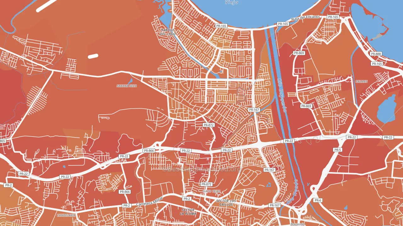 Map of the best neighborhoods in the 00952 area, with better matches in green and worse matches in red