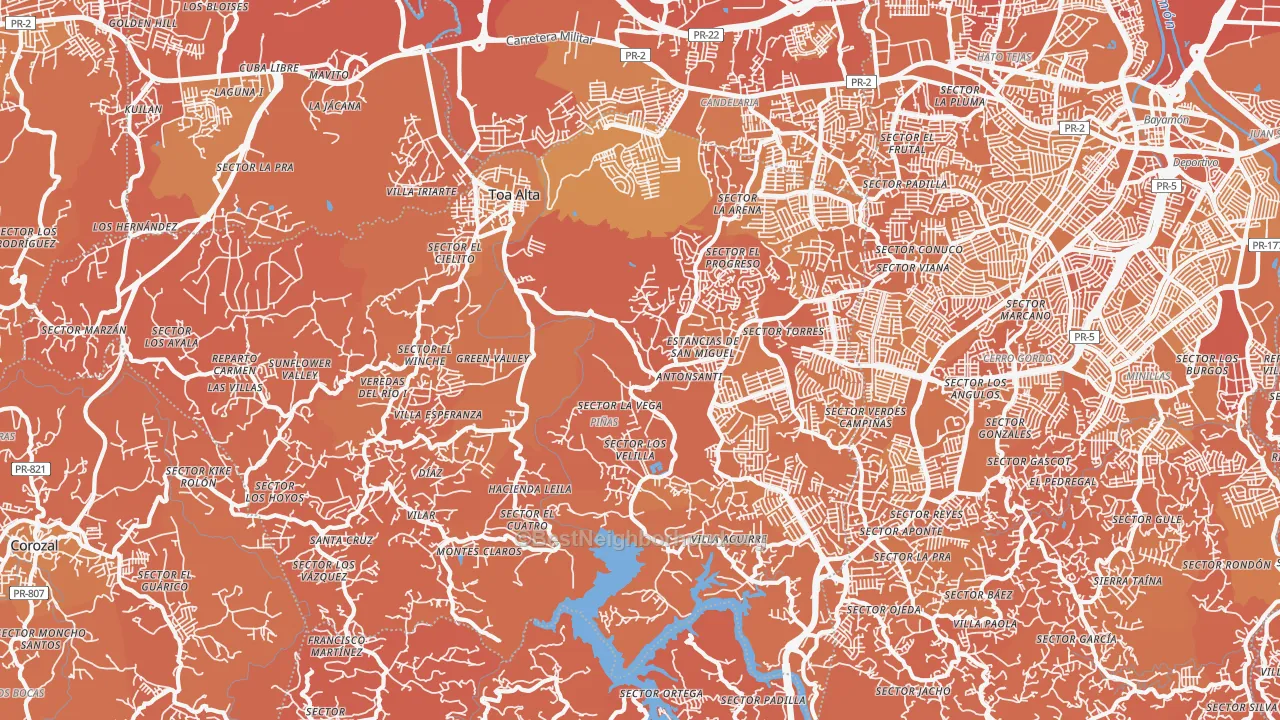 Map of the best neighborhoods in the 00953 area, with better matches in green and worse matches in red