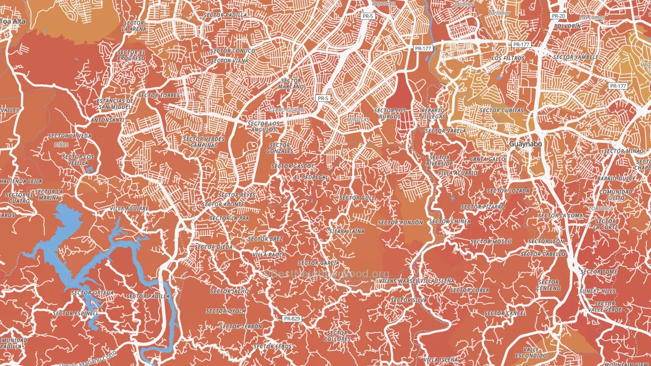 Map of the best neighborhoods in the 00956 area, with better matches in green and worse matches in red