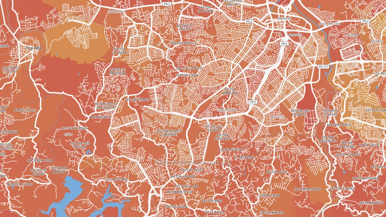 Map of the best neighborhoods in the 00957 area, with better matches in green and worse matches in red