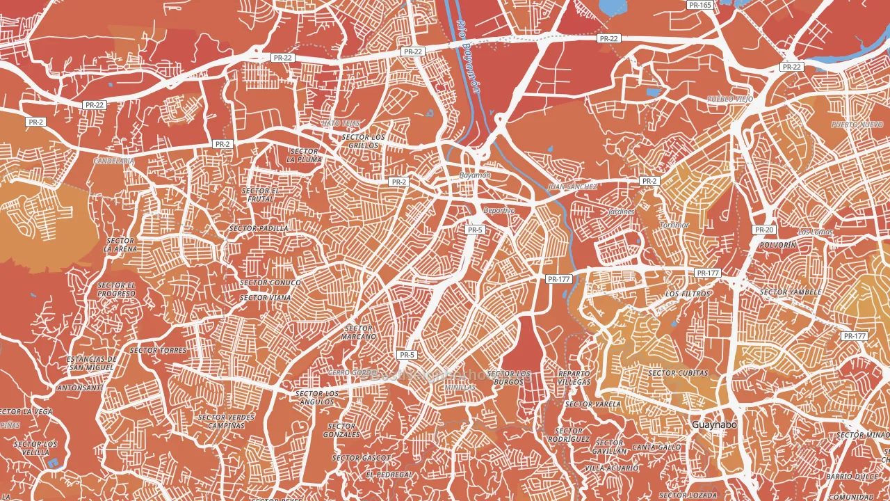 Map of the best neighborhoods in the 00959 area, with better matches in green and worse matches in red
