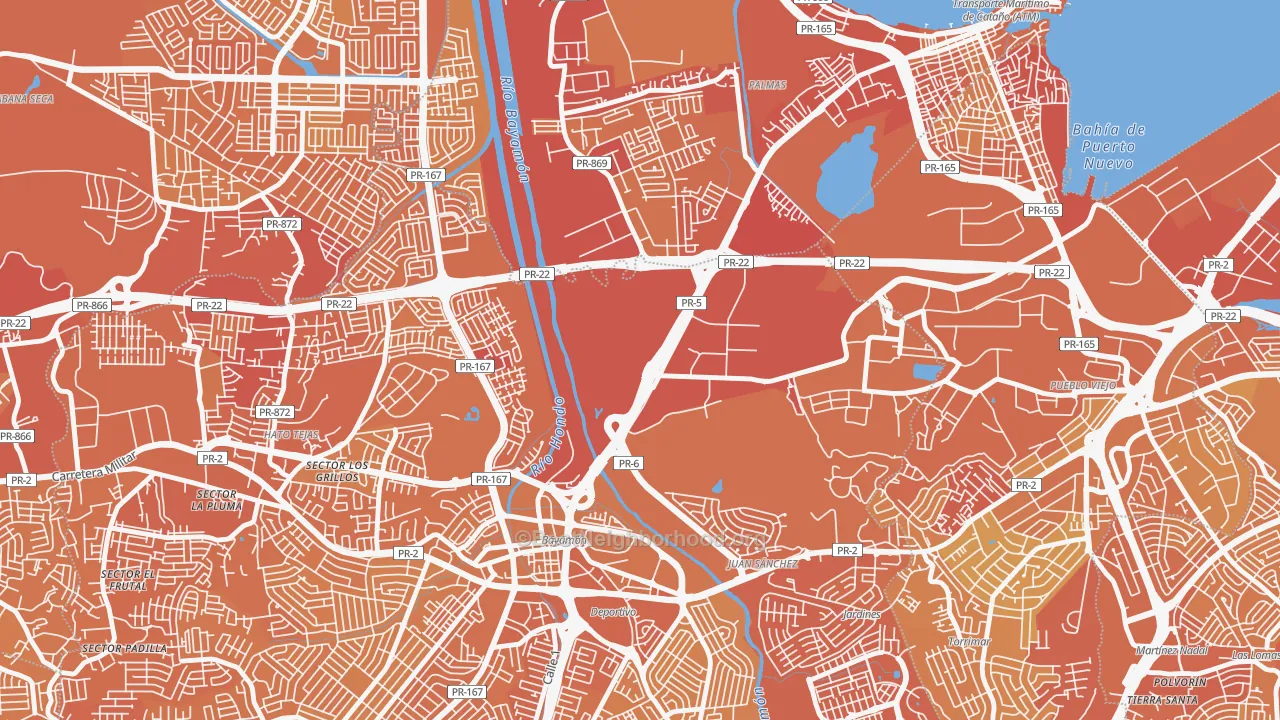 Map of the best neighborhoods in the 00960 area, with better matches in green and worse matches in red