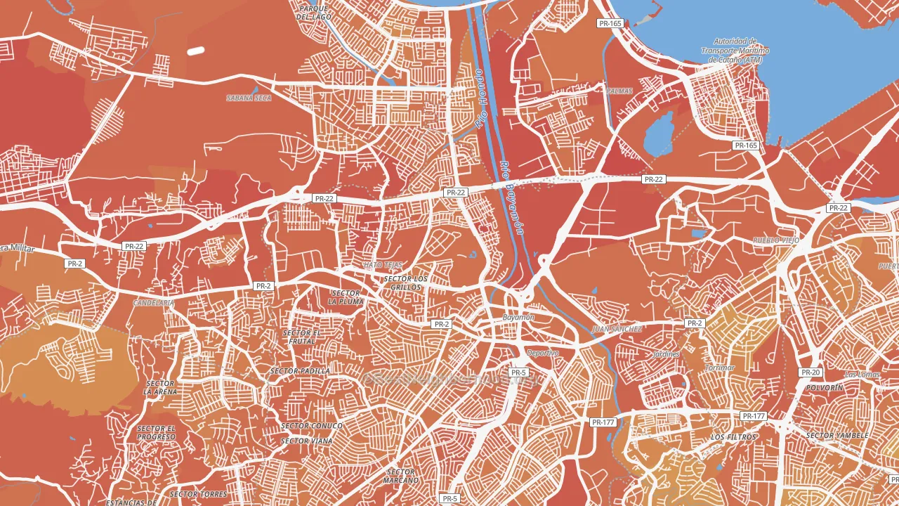 Map of the best neighborhoods in the 00961 area, with better matches in green and worse matches in red