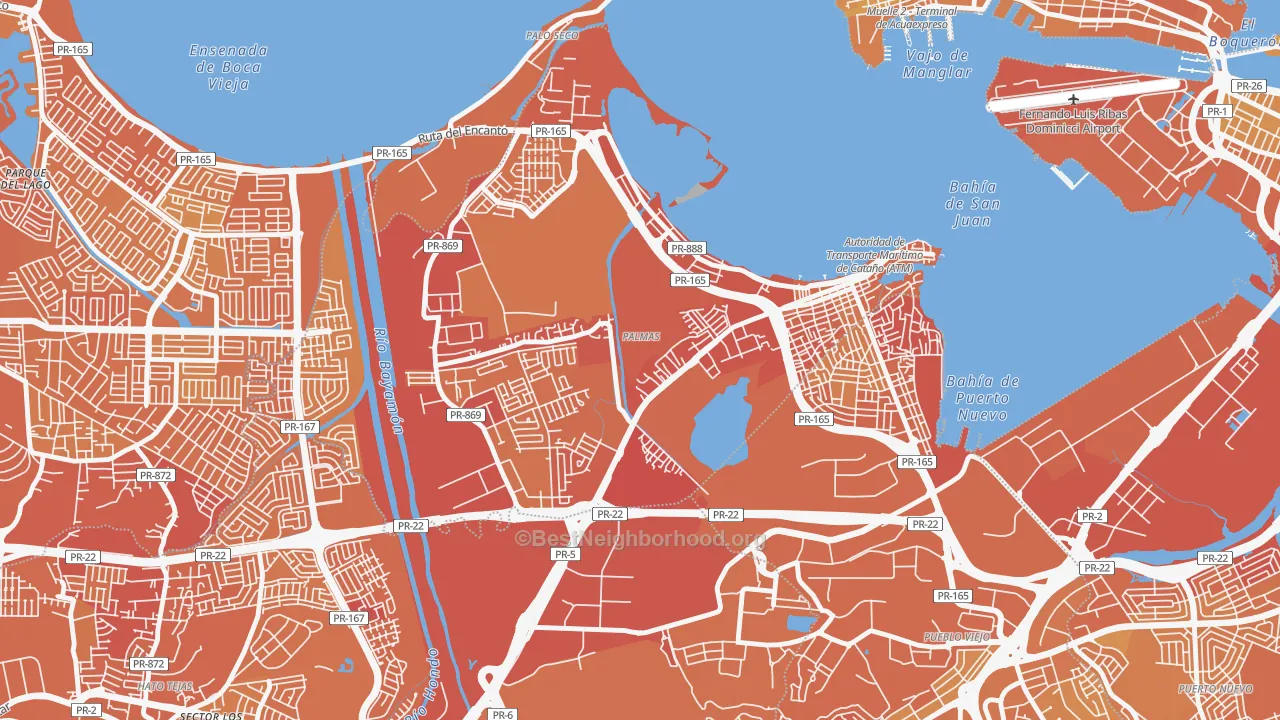 Map of the best neighborhoods in the 00962 area, with better matches in green and worse matches in red