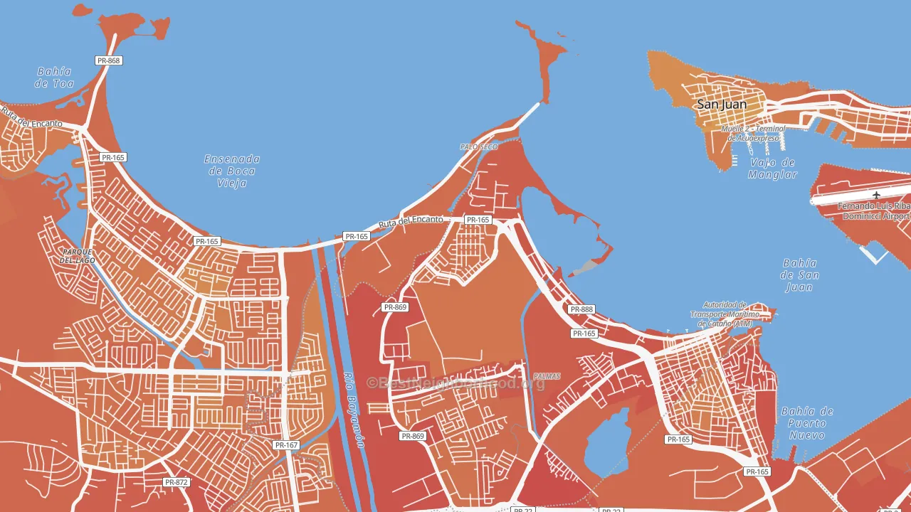 Map of the best neighborhoods in the 00963 area, with better matches in green and worse matches in red