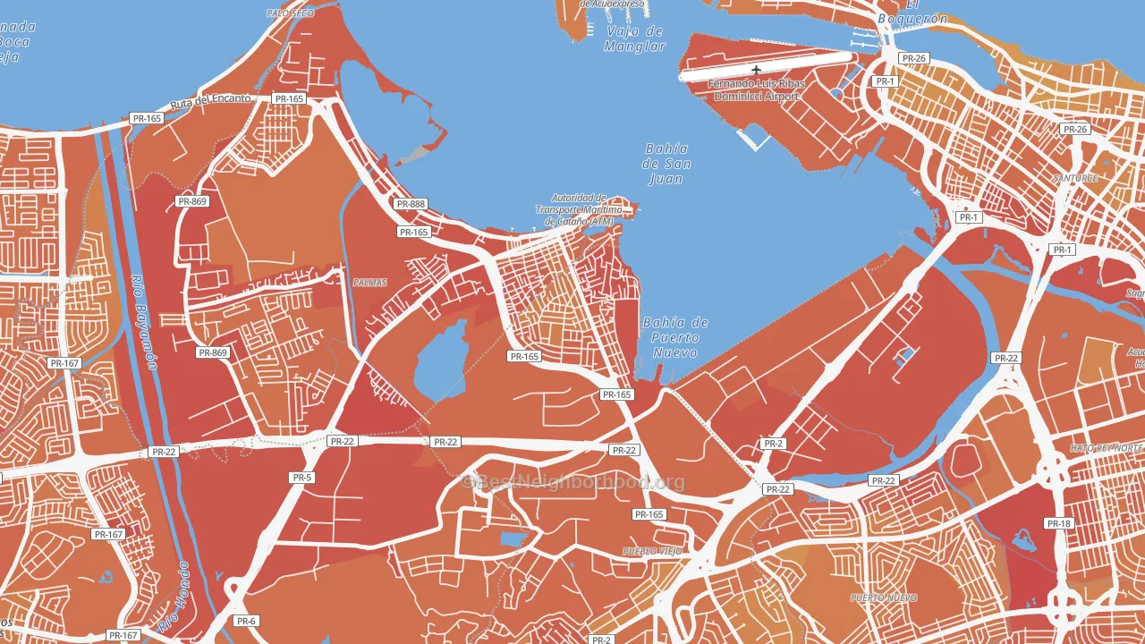 Map of the best neighborhoods in the 00965 area, with better matches in green and worse matches in red