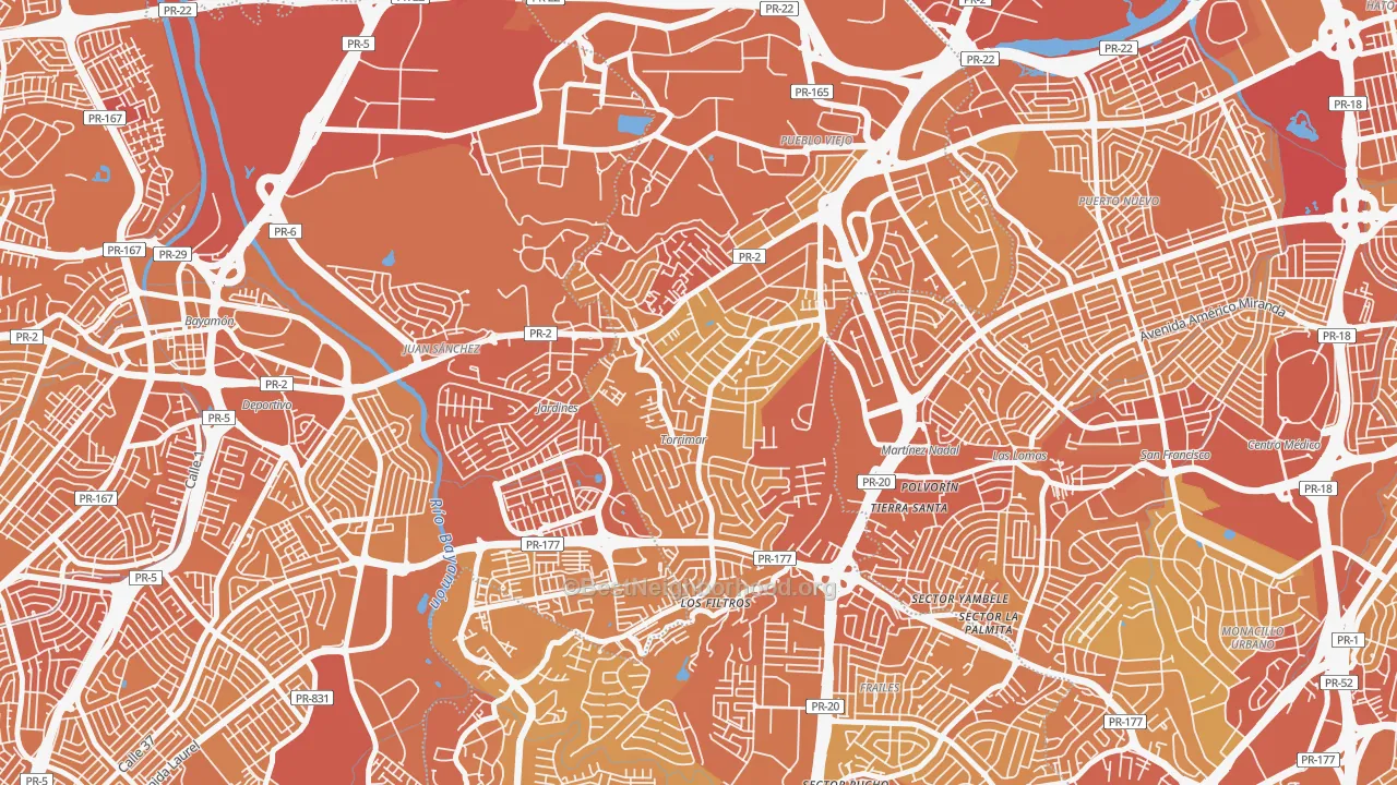 Map of the best neighborhoods in the 00966 area, with better matches in green and worse matches in red