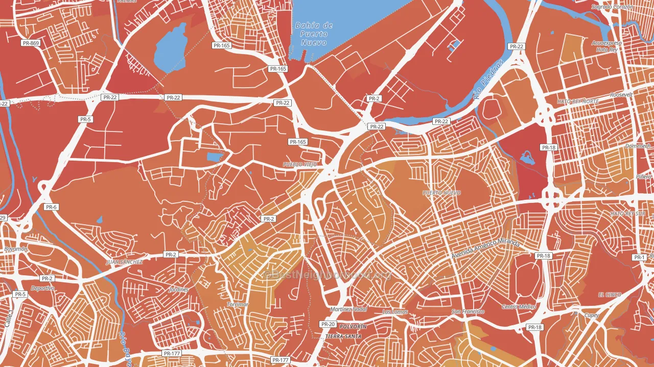 Map of the best neighborhoods in the 00968 area, with better matches in green and worse matches in red