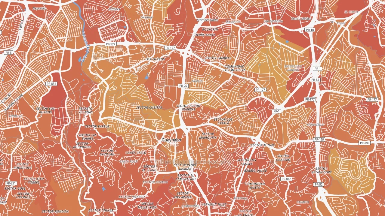 Map of the best neighborhoods in the 00969 area, with better matches in green and worse matches in red