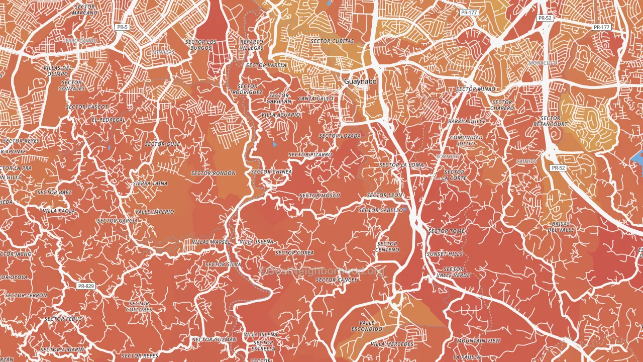 Map of the best neighborhoods in the 00971 area, with better matches in green and worse matches in red