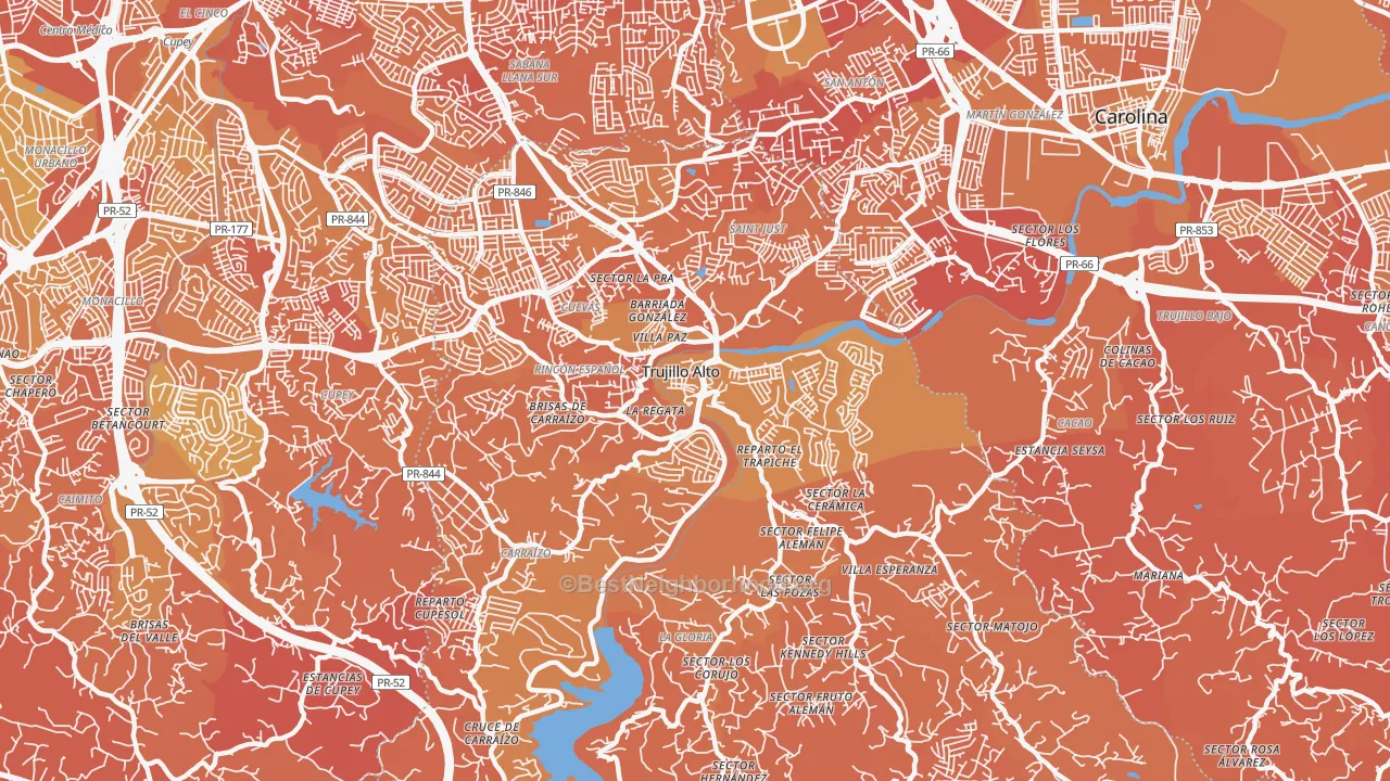Map of the best neighborhoods in the 00976 area, with better matches in green and worse matches in red