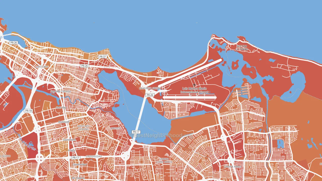 Map of the best neighborhoods in the 00979 area, with better matches in green and worse matches in red