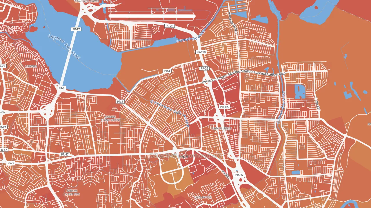 Map of the best neighborhoods in the 00982 area, with better matches in green and worse matches in red