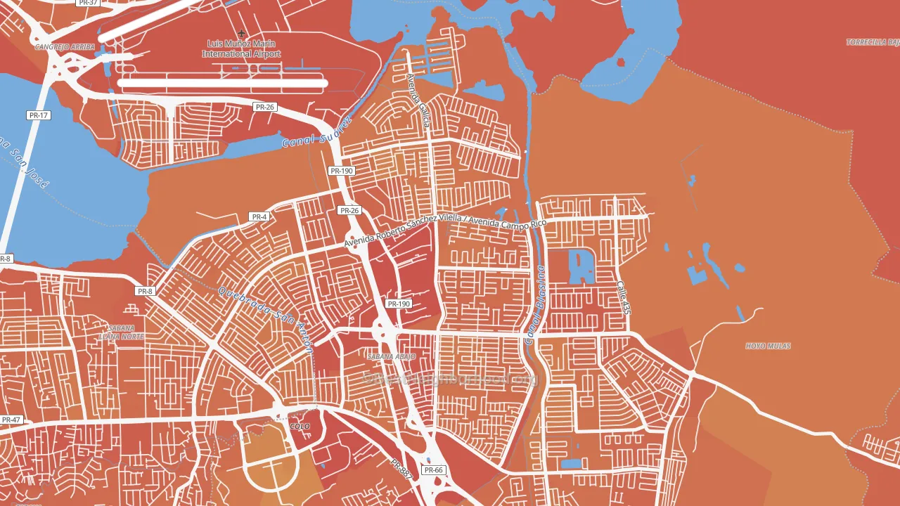 Map of the best neighborhoods in the 00983 area, with better matches in green and worse matches in red