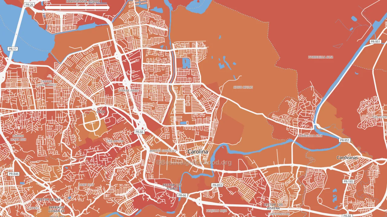 Map of the best neighborhoods in the 00985 area, with better matches in green and worse matches in red