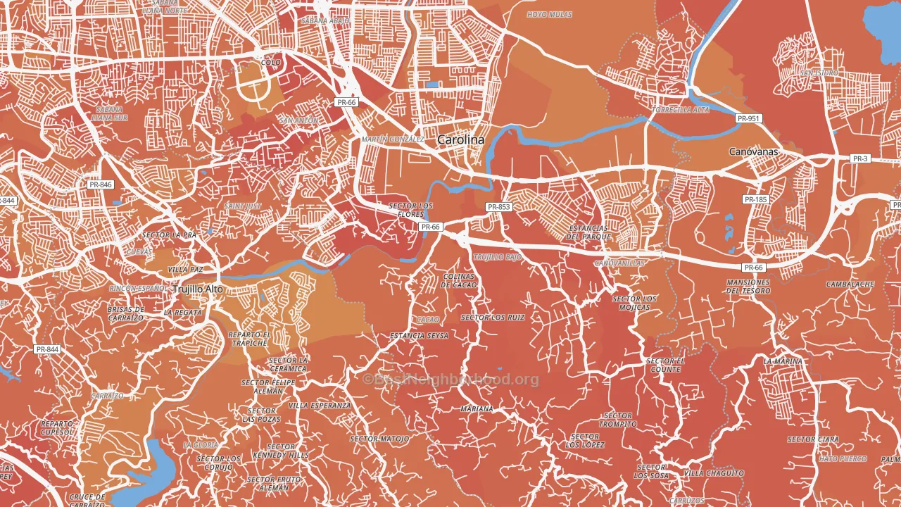 Map of the best neighborhoods in the 00987 area, with better matches in green and worse matches in red