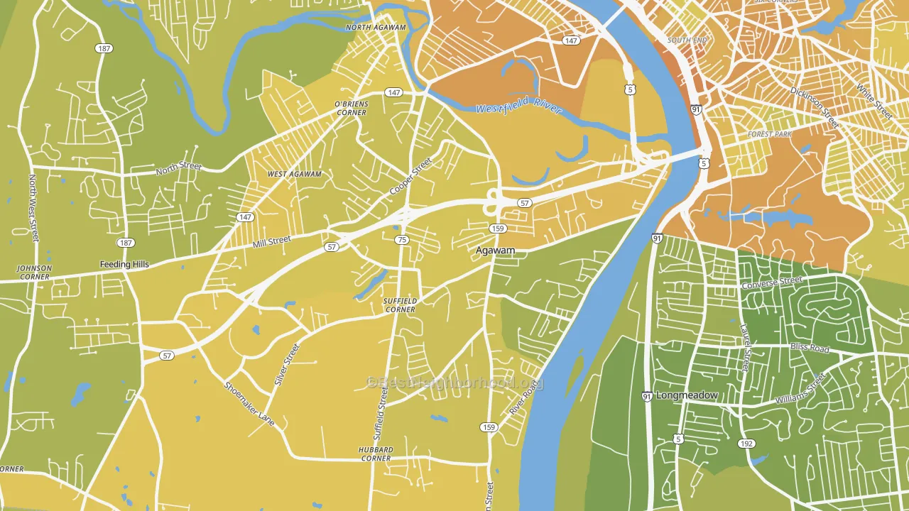 Map of the best neighborhoods in the 01001 area, with better matches in green and worse matches in red