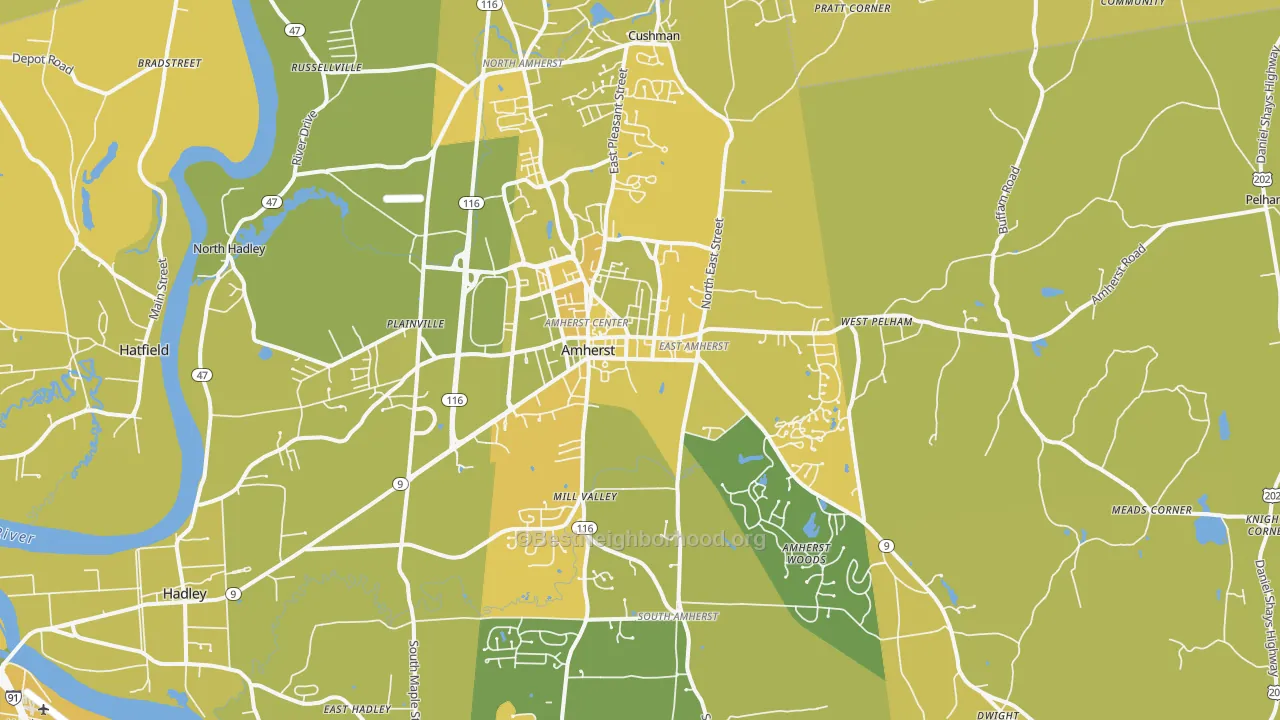 Map of the best neighborhoods in the 01002 area, with better matches in green and worse matches in red