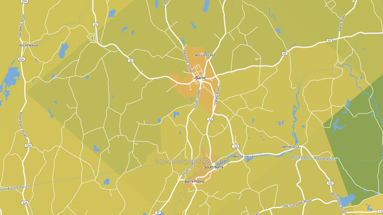 Map of the best neighborhoods in the 01005 area, with better matches in green and worse matches in red
