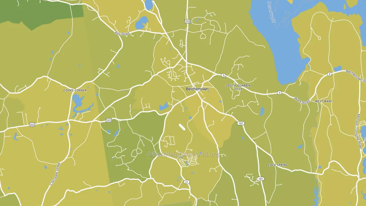 Map of the best neighborhoods in the 01007 area, with better matches in green and worse matches in red