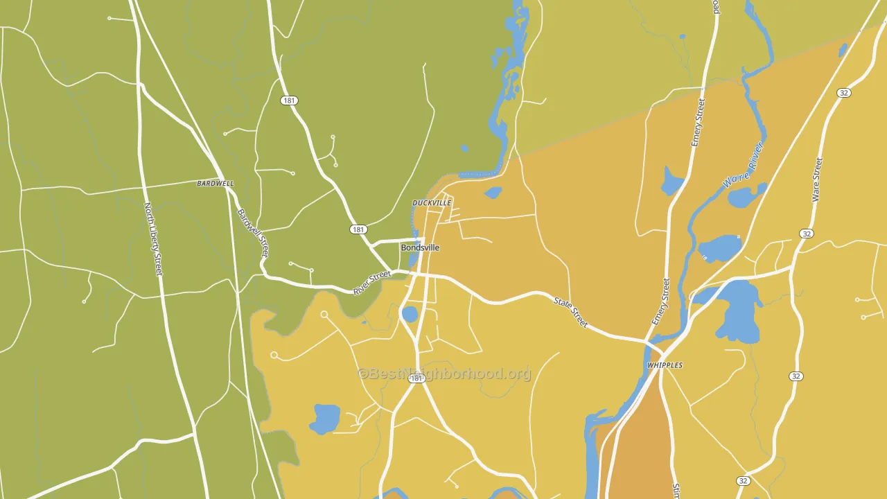Map of the best neighborhoods in the 01009 area, with better matches in green and worse matches in red
