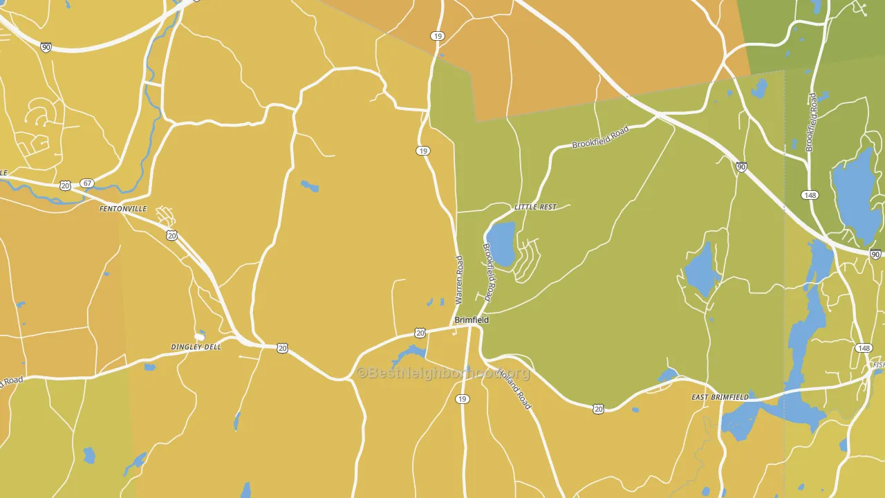 Map of the best neighborhoods in the 01010 area, with better matches in green and worse matches in red