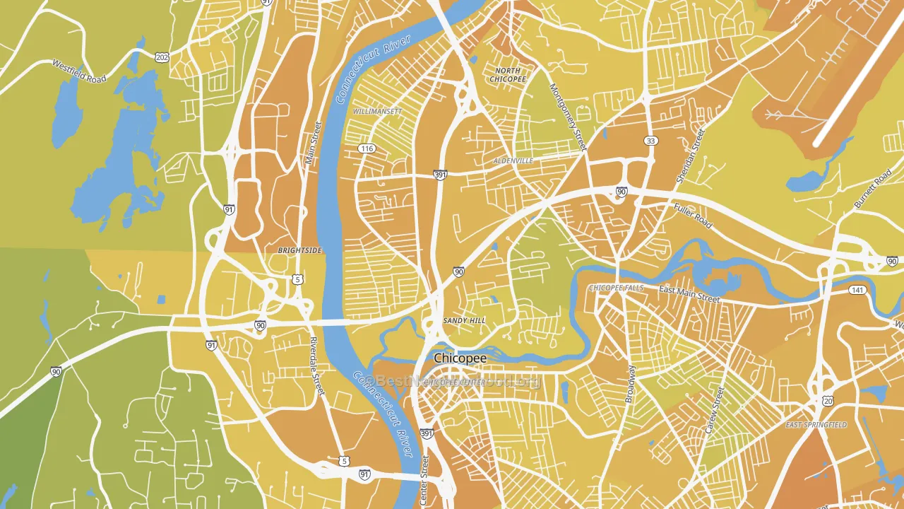 Map of the best neighborhoods in the 01013 area, with better matches in green and worse matches in red