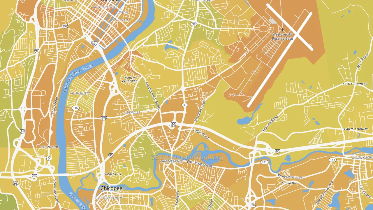 Map of the best neighborhoods in the 01020 area, with better matches in green and worse matches in red