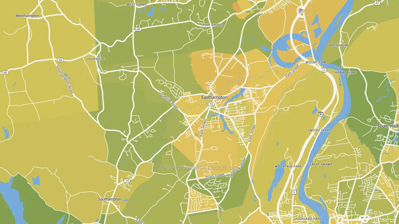 Map of the best neighborhoods in the 01027 area, with better matches in green and worse matches in red