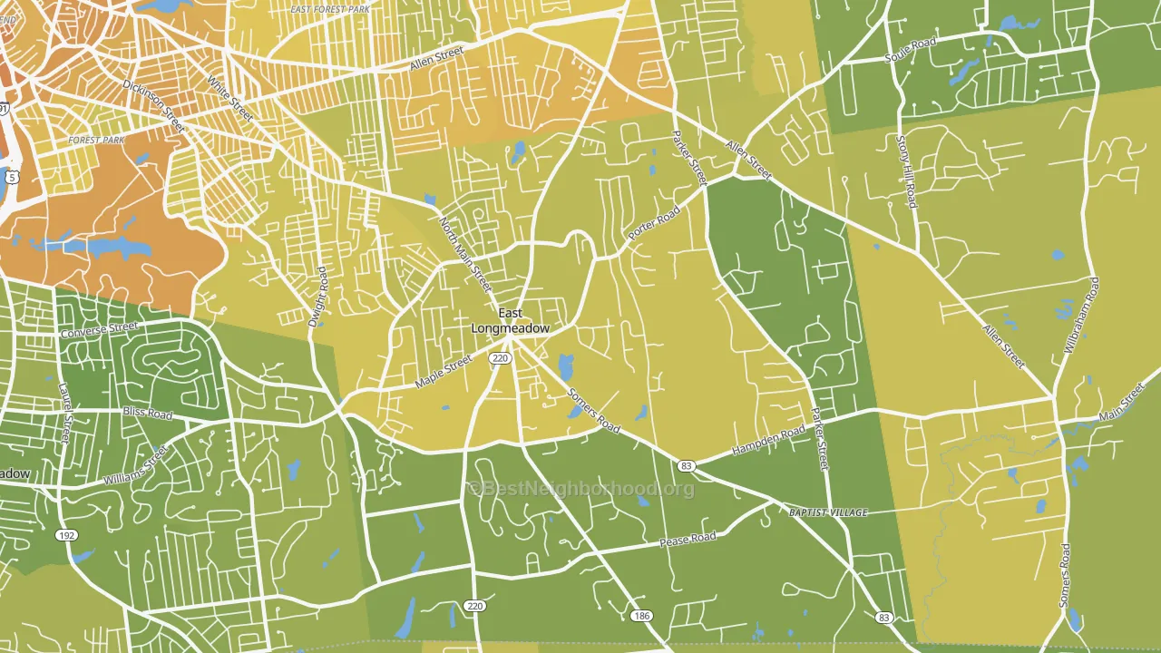 Map of the best neighborhoods in the 01028 area, with better matches in green and worse matches in red