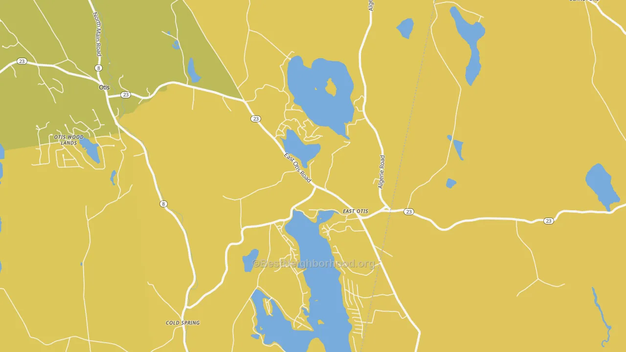 Map of the best neighborhoods in the 01029 area, with better matches in green and worse matches in red