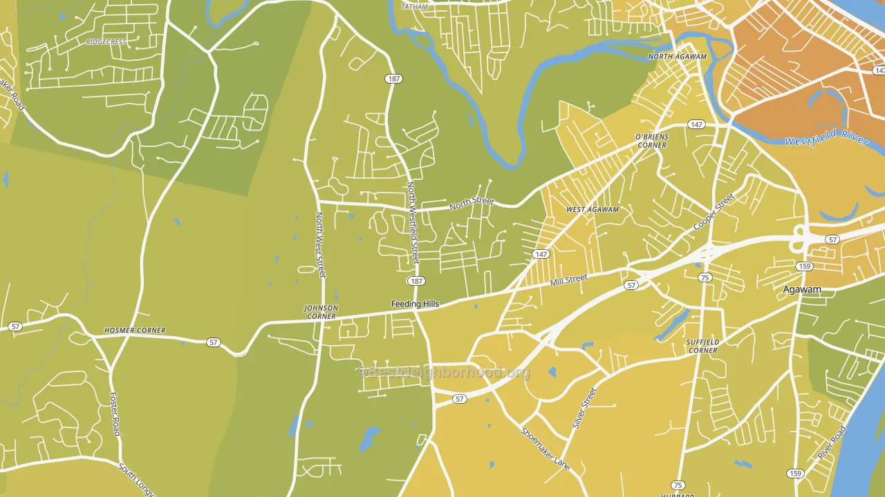 Map of the best neighborhoods in the 01030 area, with better matches in green and worse matches in red