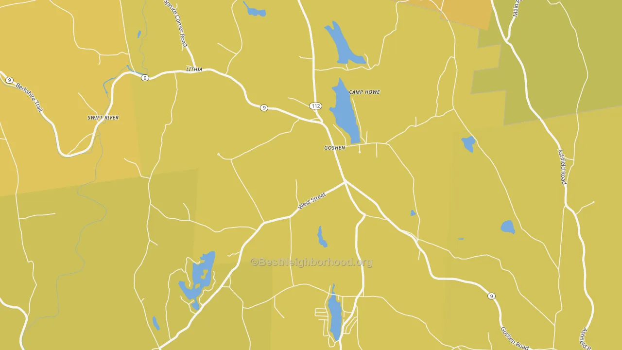 Map of the best neighborhoods in the 01032 area, with better matches in green and worse matches in red