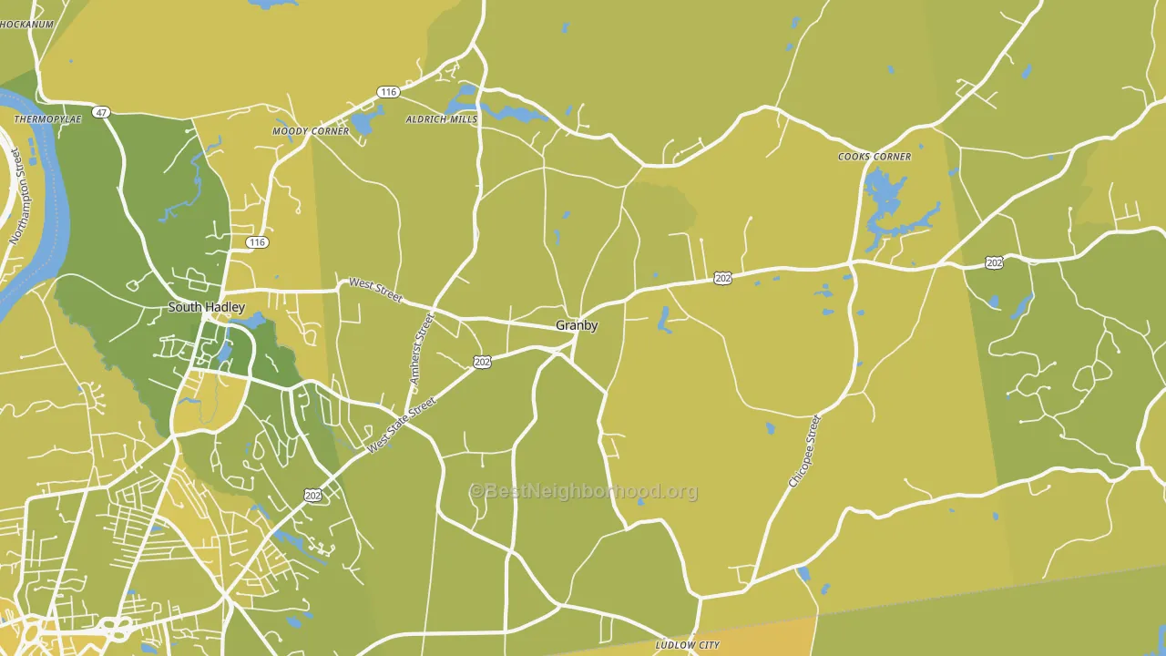 Map of the best neighborhoods in the 01033 area, with better matches in green and worse matches in red