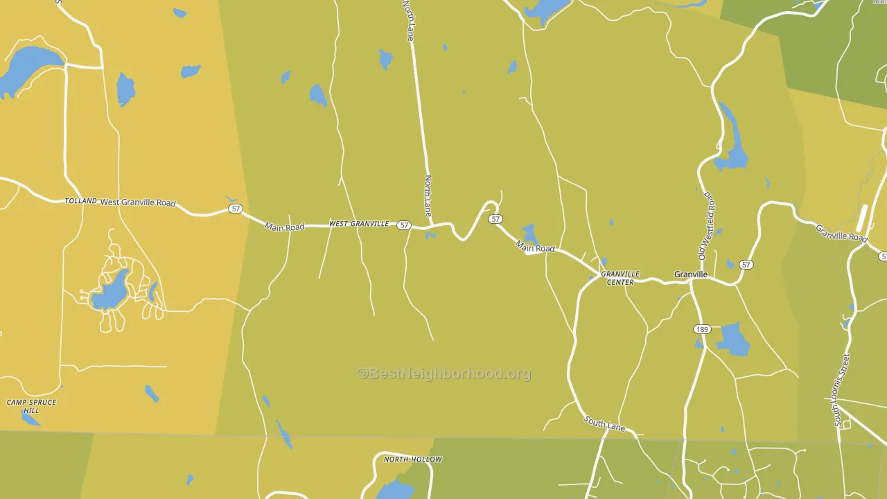 Map of the best neighborhoods in the 01034 area, with better matches in green and worse matches in red