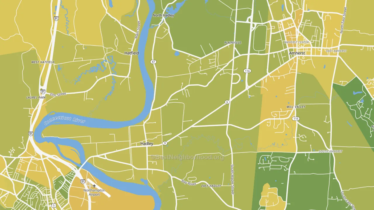 Map of the best neighborhoods in the 01035 area, with better matches in green and worse matches in red