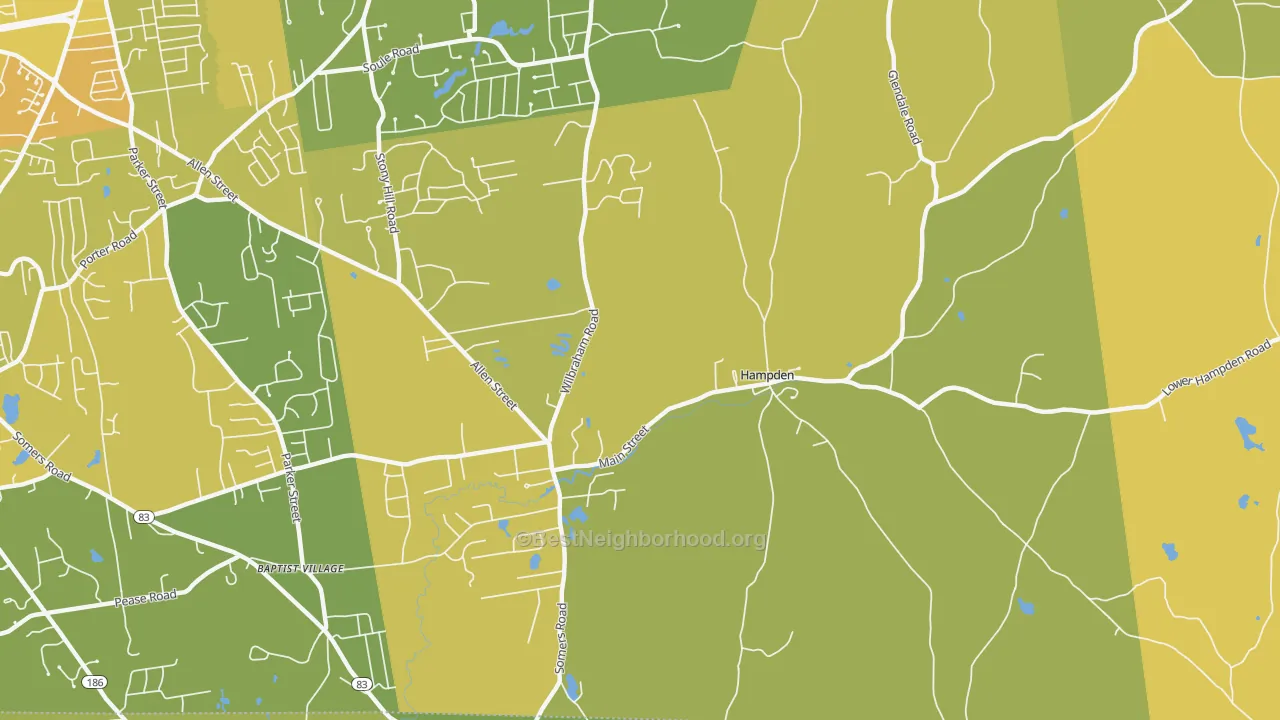 Map of the best neighborhoods in the 01036 area, with better matches in green and worse matches in red