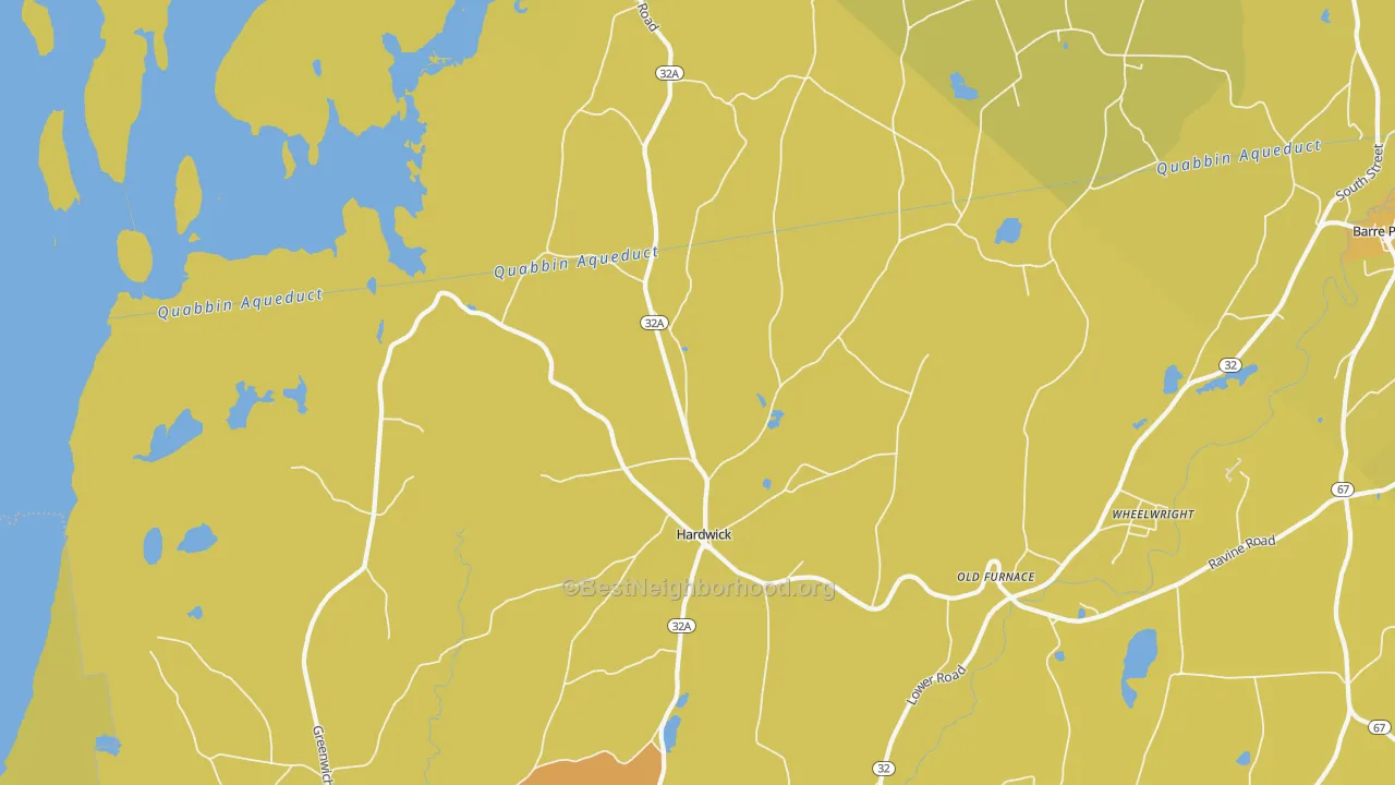 Map of the best neighborhoods in the 01037 area, with better matches in green and worse matches in red
