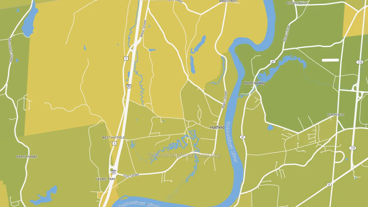 Map of the best neighborhoods in the 01038 area, with better matches in green and worse matches in red