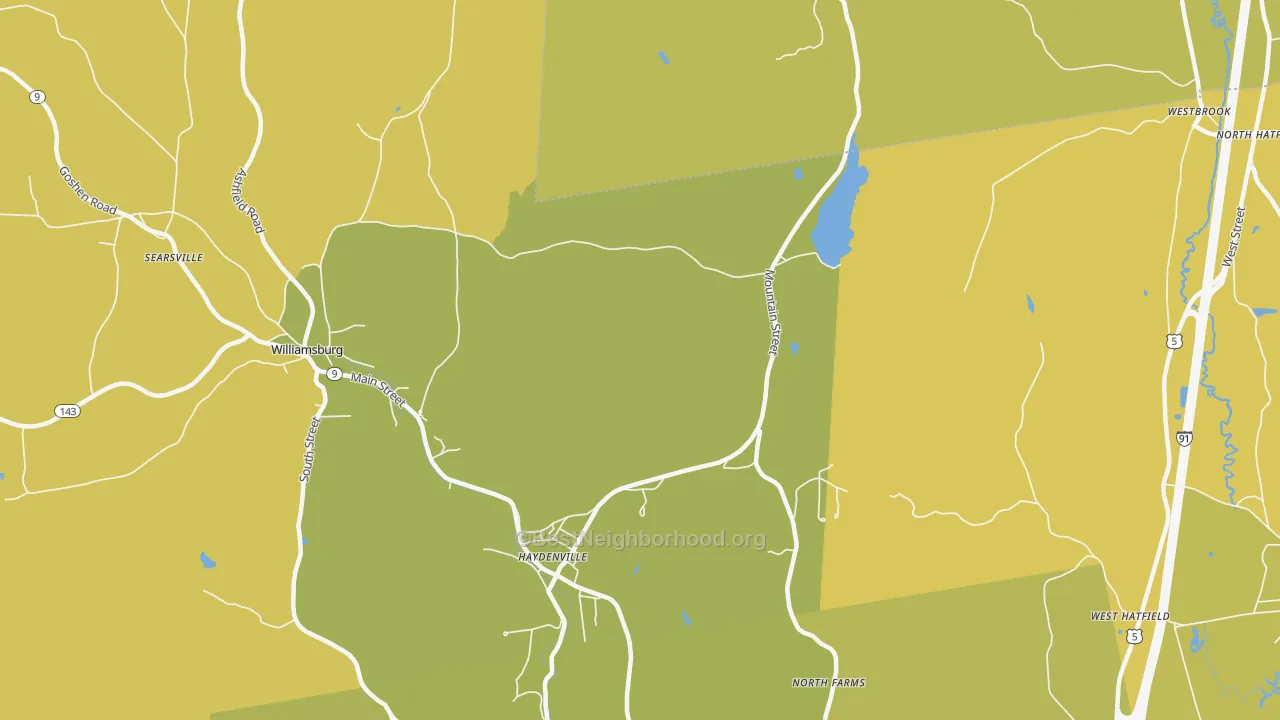 Map of the best neighborhoods in the 01039 area, with better matches in green and worse matches in red