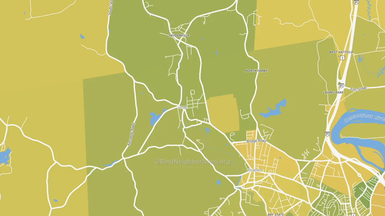 Map of the best neighborhoods in the 01053 area, with better matches in green and worse matches in red