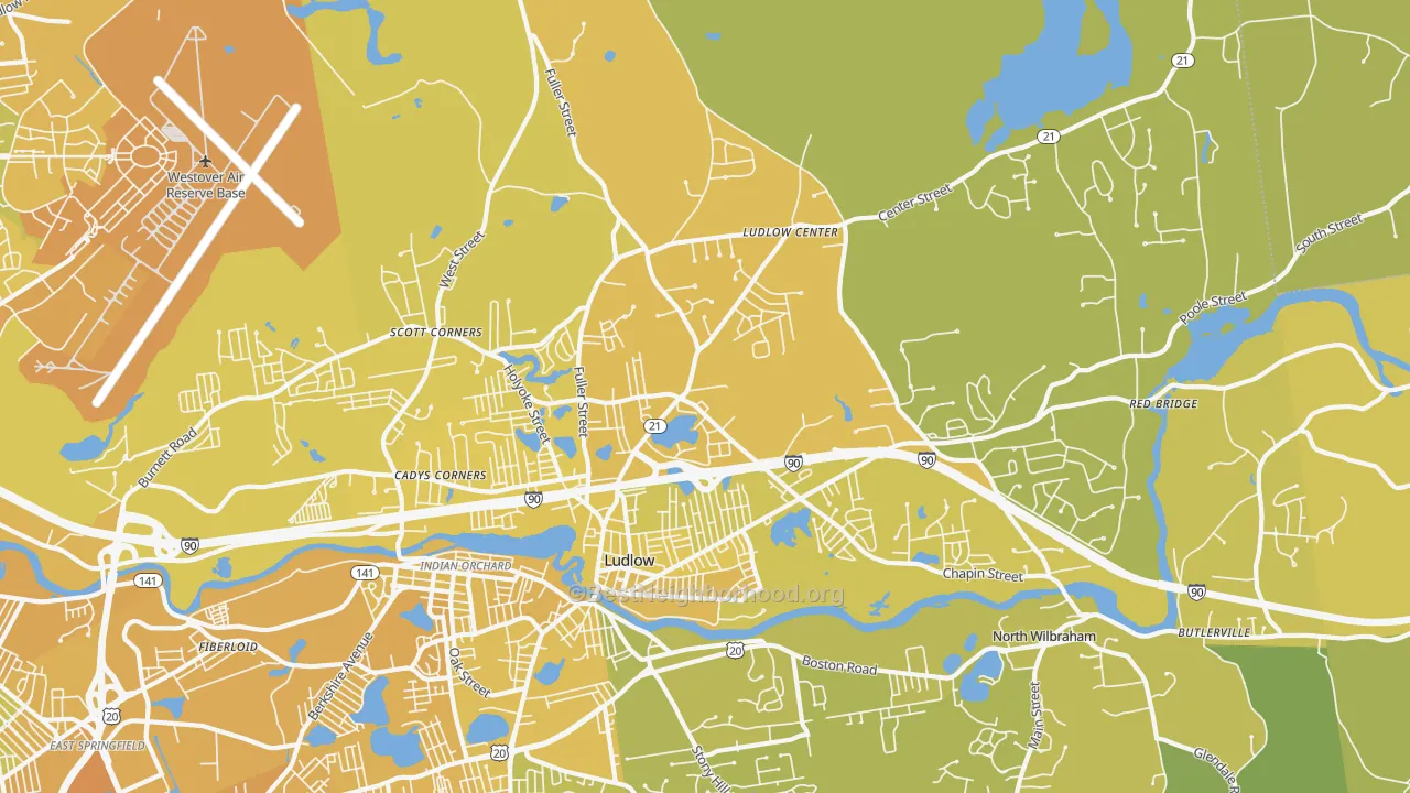 Map of the best neighborhoods in the 01056 area, with better matches in green and worse matches in red