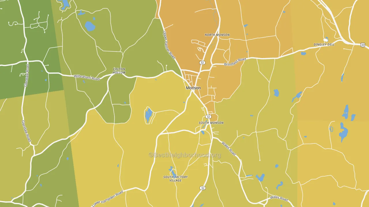 Map of the best neighborhoods in the 01057 area, with better matches in green and worse matches in red