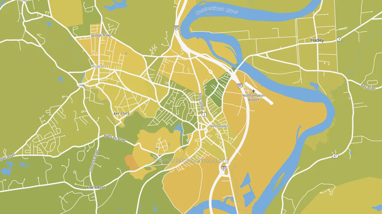 Map of the best neighborhoods in the 01060 area, with better matches in green and worse matches in red