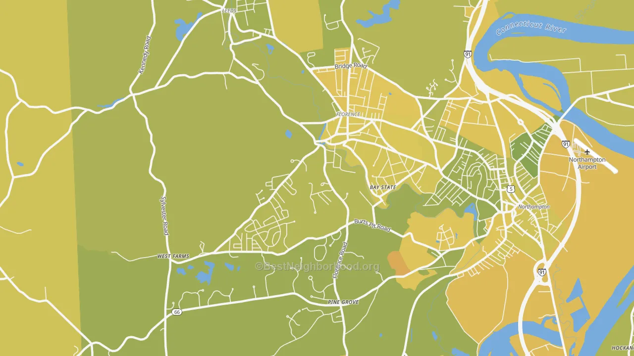 Map of the best neighborhoods in the 01062 area, with better matches in green and worse matches in red