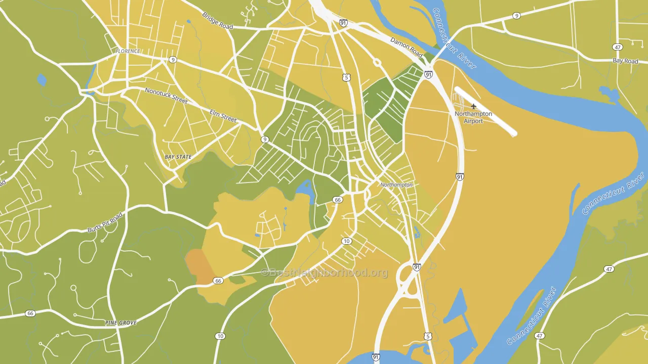 Map of the best neighborhoods in the 01063 area, with better matches in green and worse matches in red