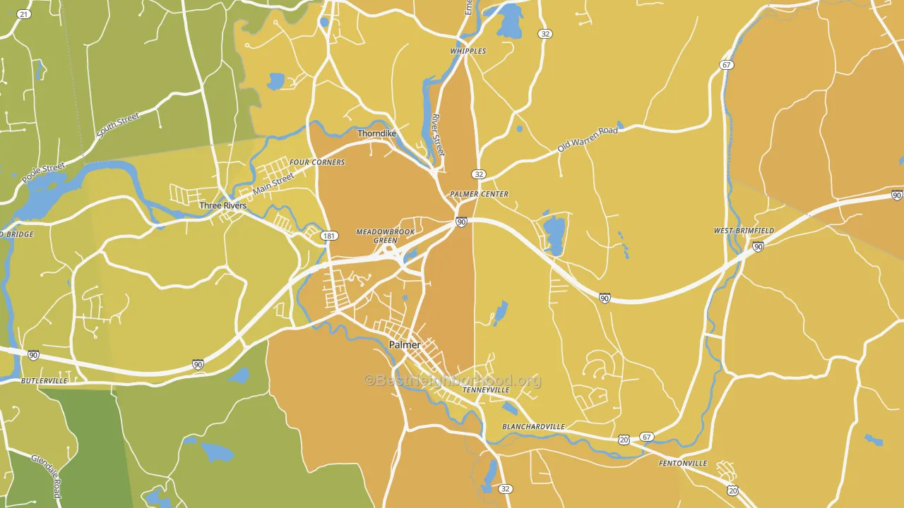 Map of the best neighborhoods in the 01069 area, with better matches in green and worse matches in red