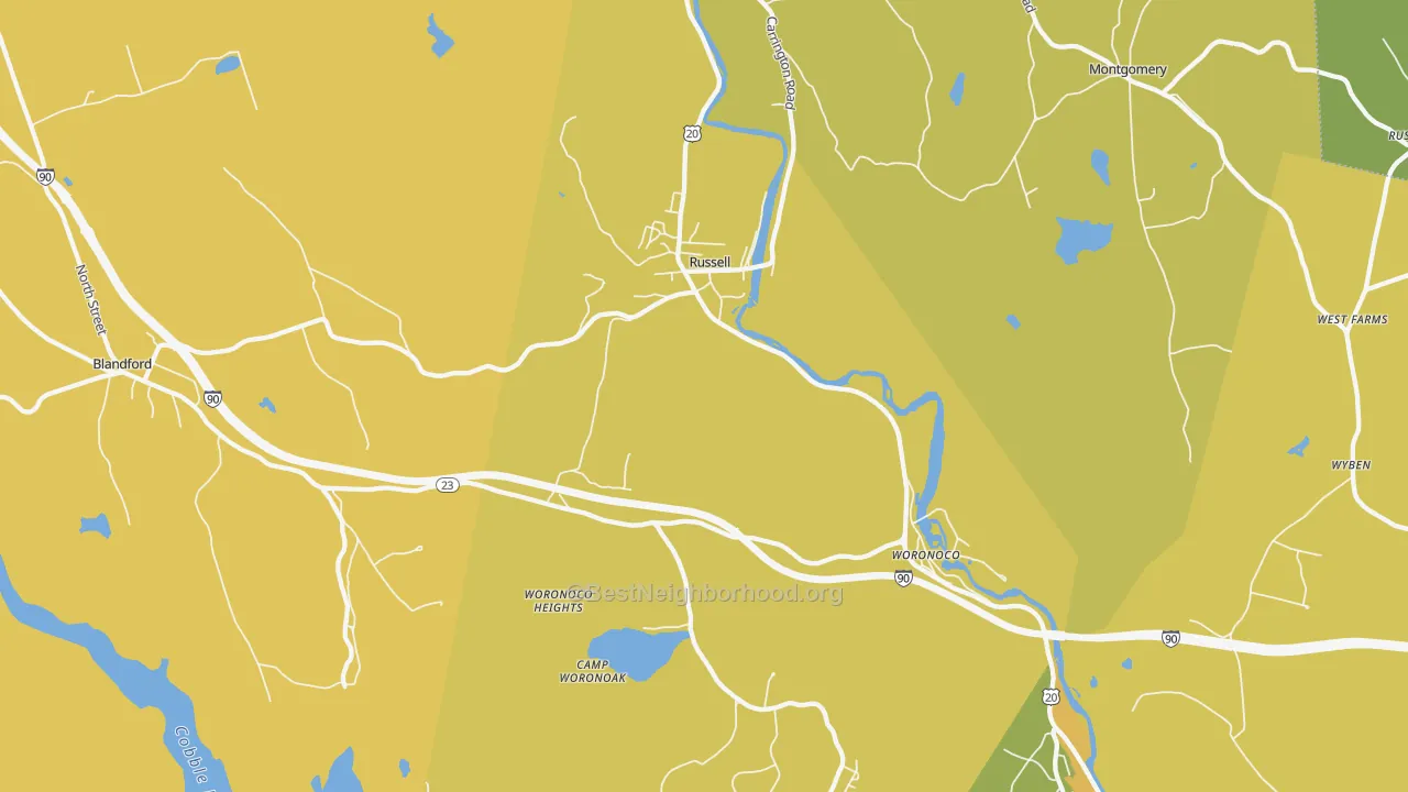 Map of the best neighborhoods in the 01071 area, with better matches in green and worse matches in red