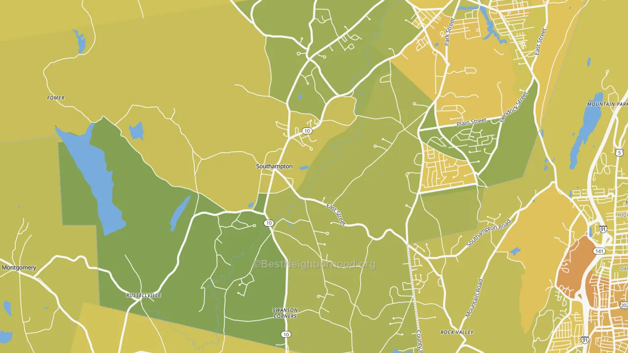 Map of the best neighborhoods in the 01073 area, with better matches in green and worse matches in red