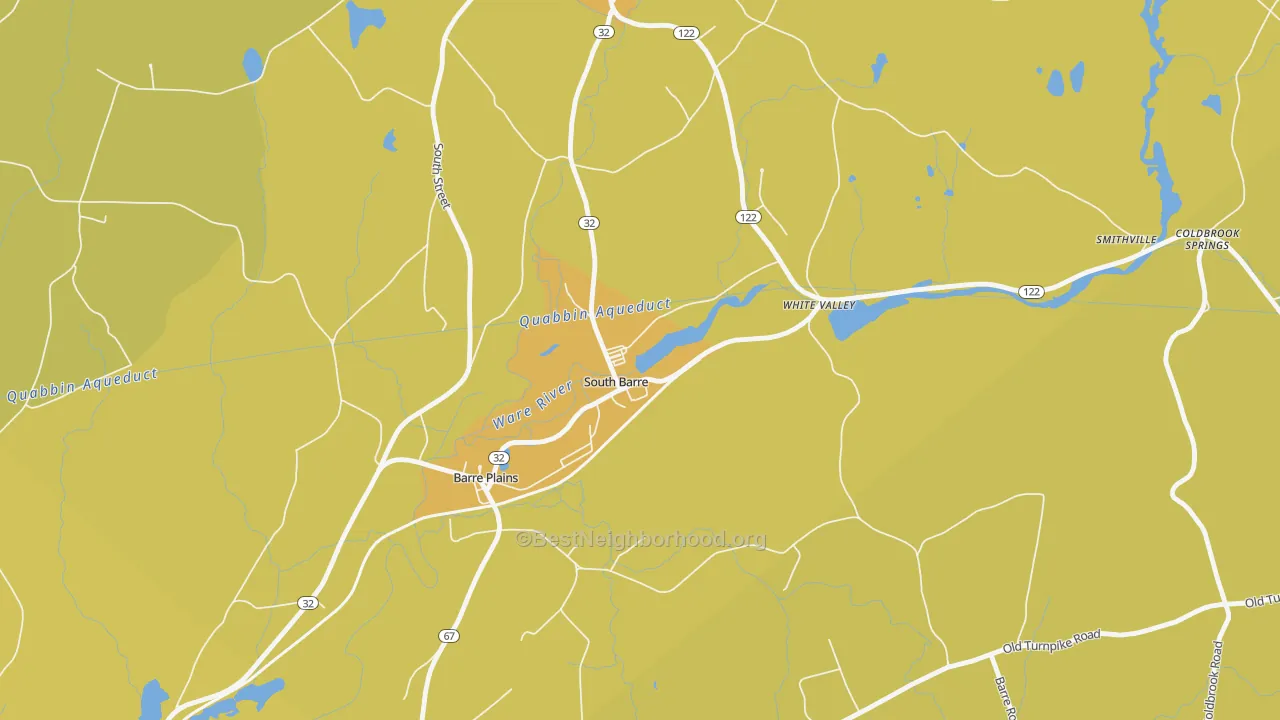 Map of the best neighborhoods in the 01074 area, with better matches in green and worse matches in red